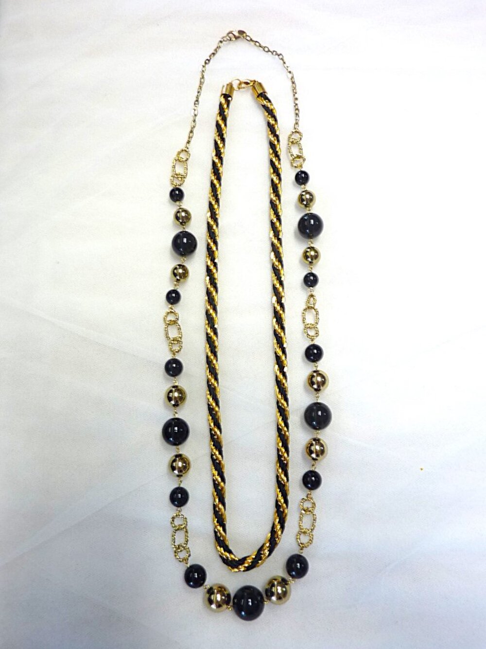 2 Black and Gold custom necklaces metal, Plastic and Rope. (Size 18" and 14")